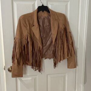 Fringed Faux Suede Cropped Jacket - Tan western size medium